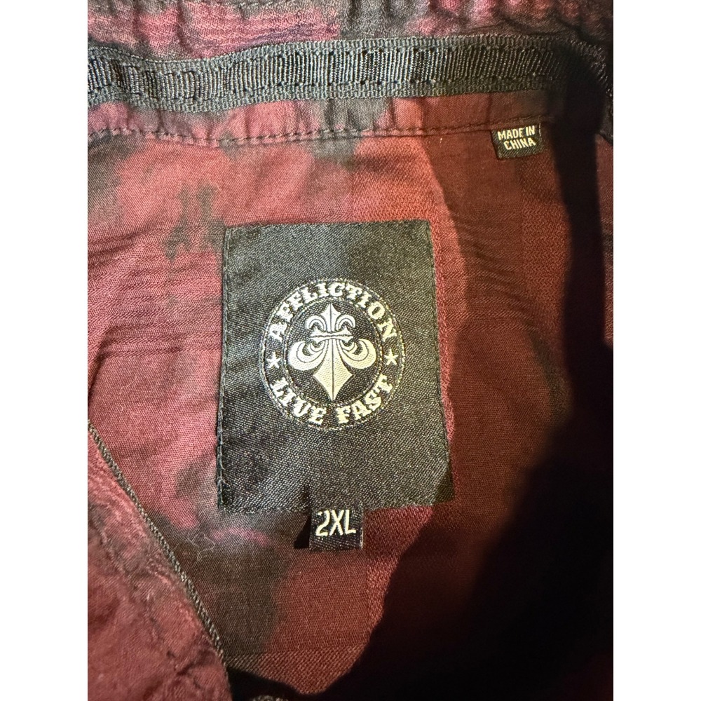 Affliction Mens 2XL Red Black Tie Dye Plaid Button Short Sleeve Shirt Alpha Co - Picture 4 of 7